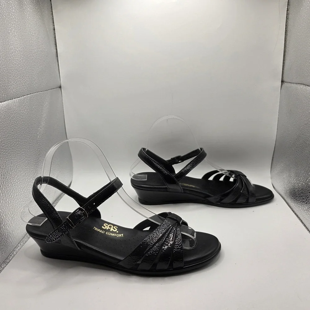 SAS Tripad Comfort Black Patent Leather Wedge Sandals Womens 8 N Made in USA